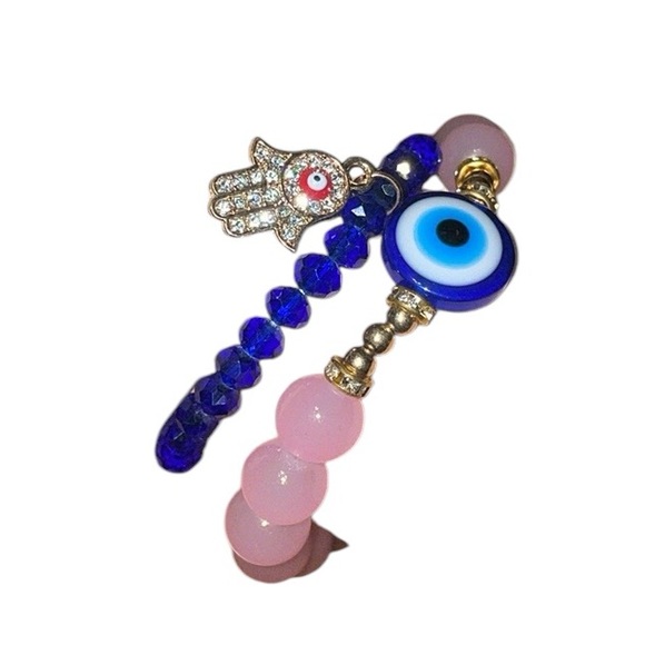 •D'BELLO•NWT PINK & BLUE BUNDLE OF 2- BOHO STACK HAMAS EVIL EYE BEADED BRACELETS - Picture 9 of 9